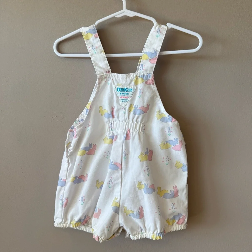 Vintage Osh‎ Kosh B’Gosh Baby Bunny Rabbit Print Short Overalls 12 months
